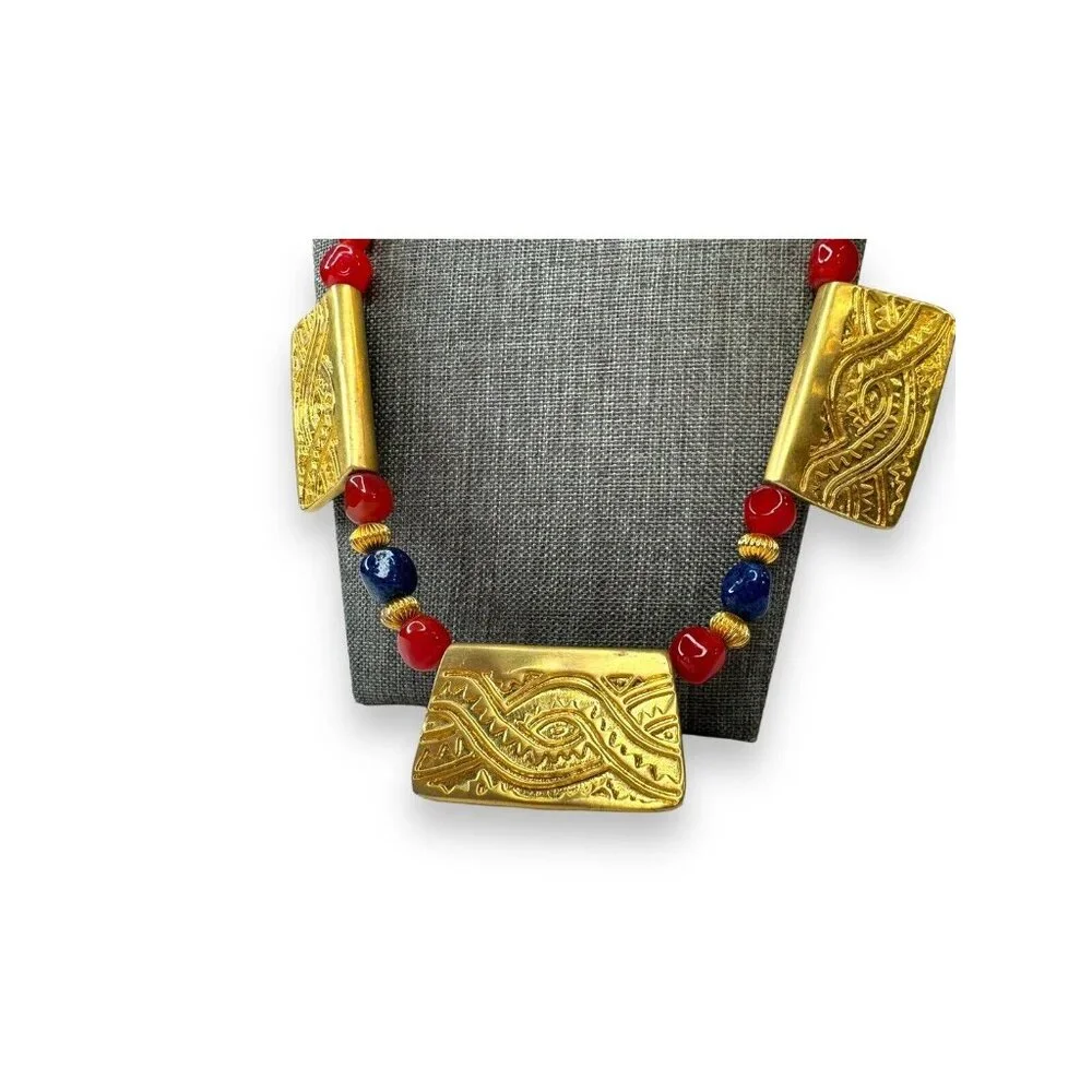 Vintage Tribal-Inspired Red, Blue & Gold Statement Necklace 27" Unsigned - Picture 2 of 13